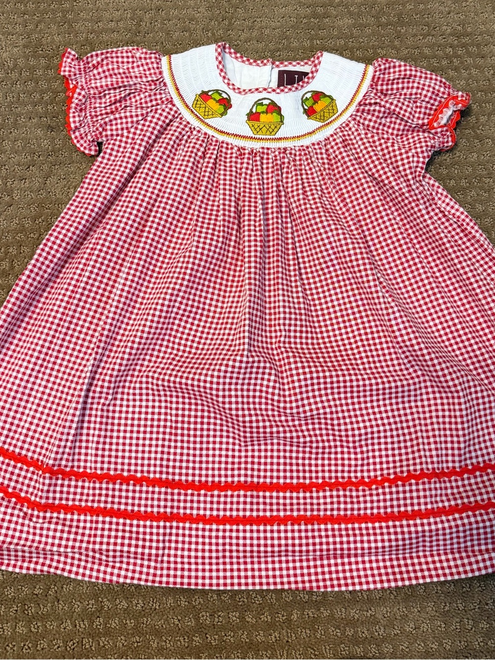 Smocked Red Gingham Kids' Formal Dress with Fruit Baskets
